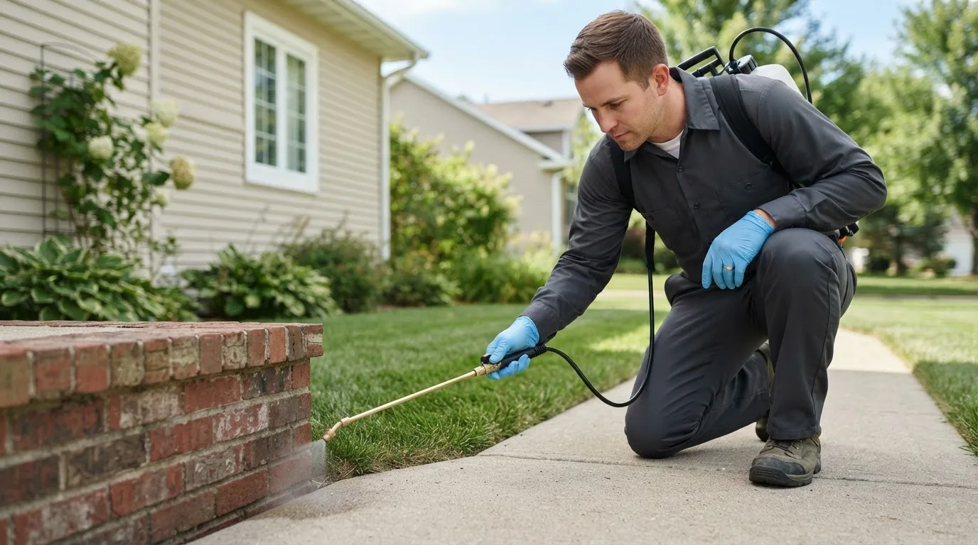 Pest control technician treating a home near Stewartsville, MO