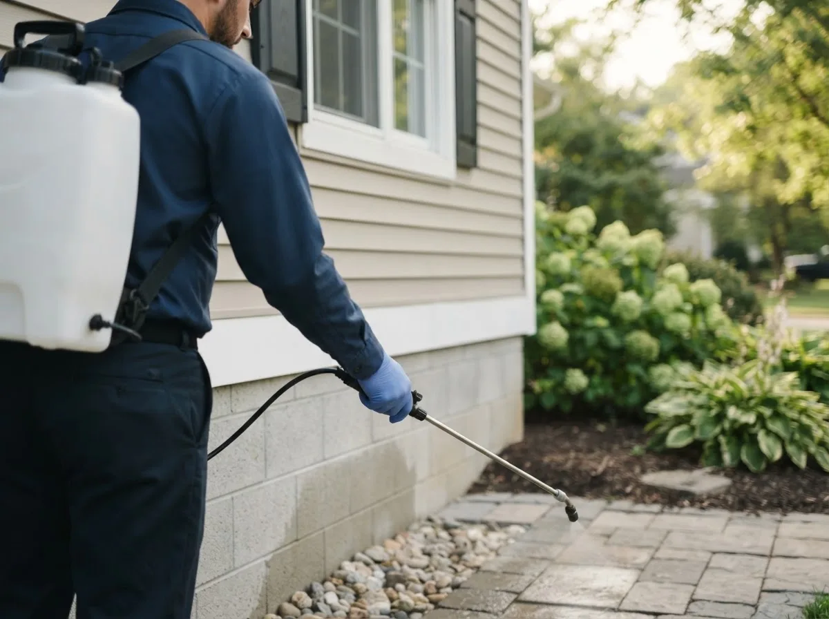 Pest control technician inspecting a home in Stewartsville, MO
